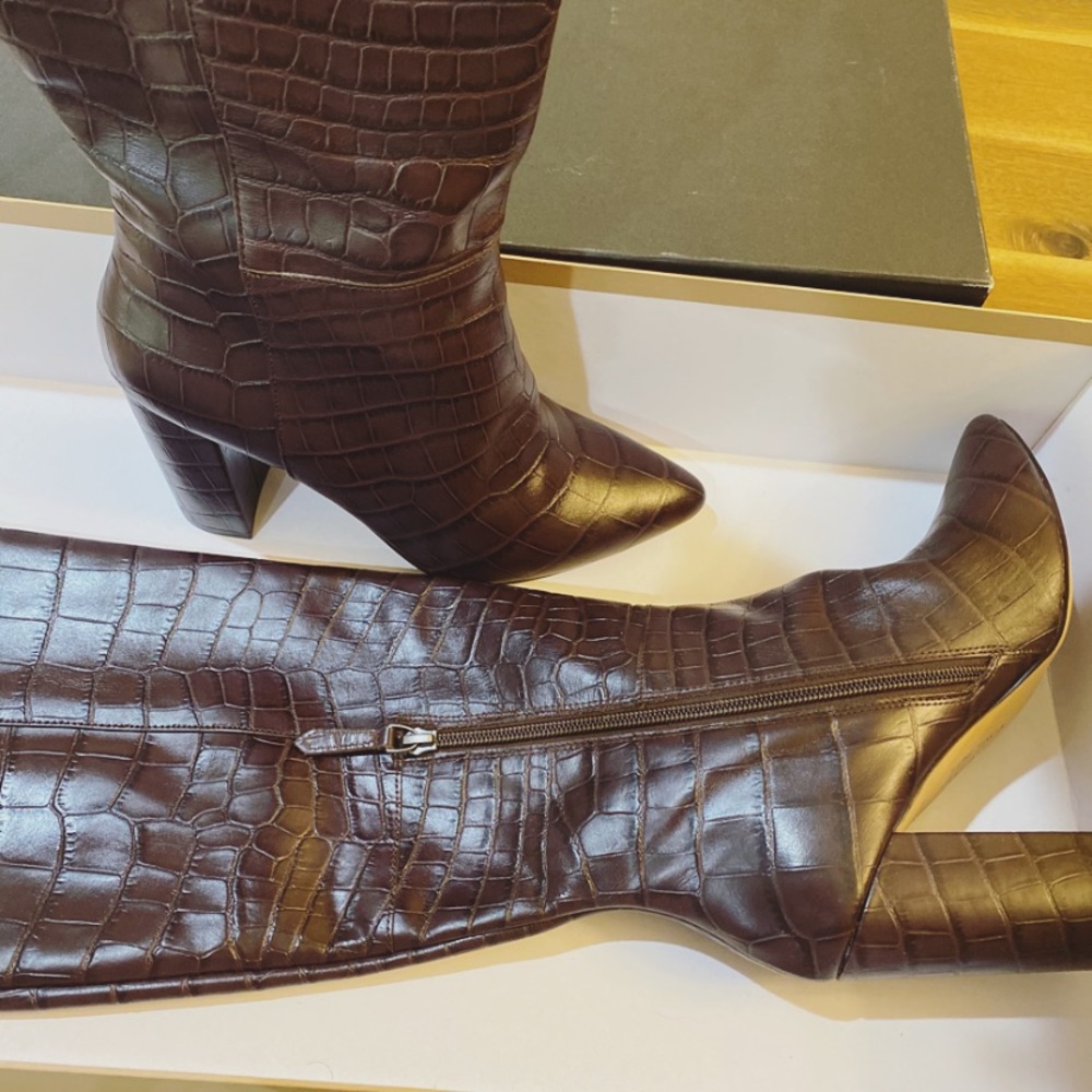 Brown Croc Embossed Knee High Leather Boots